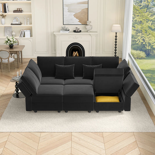 Modular Sectional Sofa with Storage Convertible Couch Sleeper with Chaise Velvet Living Room Decor Couch Set Modern Design Black