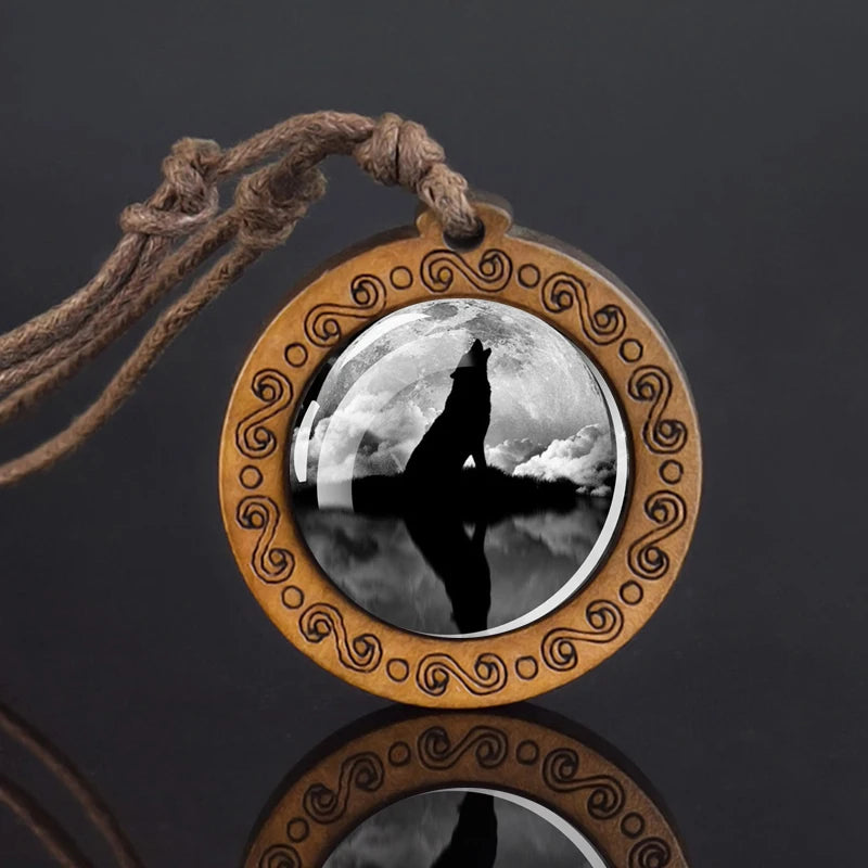 Wolf Glass Dome Necklace Men Vintage Wolf Head Wood Pendant Rope Chain Necklace Retro Jewelry