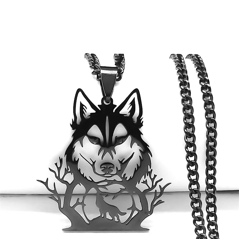 Goth Full Moon Wolf Head Pendant Necklace Women Men Black Color Forest Tree Hollow Animal Necklaces Jewelry Party Gifts N2032S03