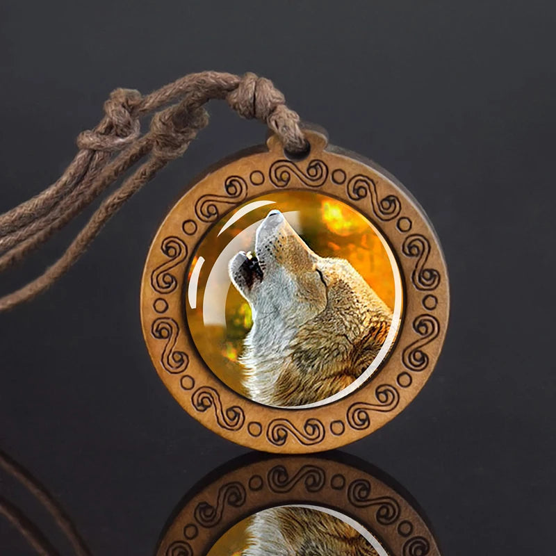 Wolf Glass Dome Necklace Men Vintage Wolf Head Wood Pendant Rope Chain Necklace Retro Jewelry