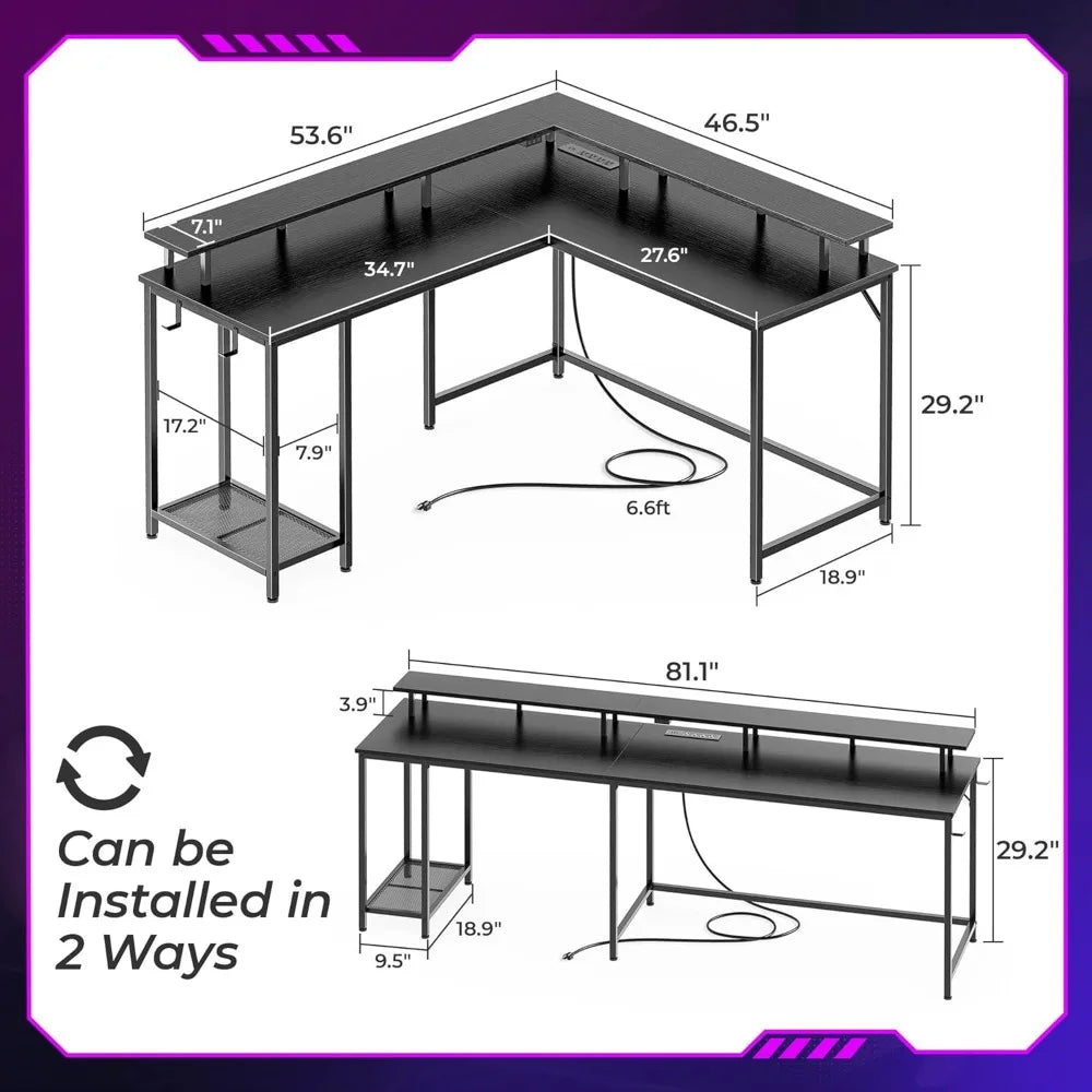 Desk L Shaped Gaming Desk with LED Lights & Power Outlets