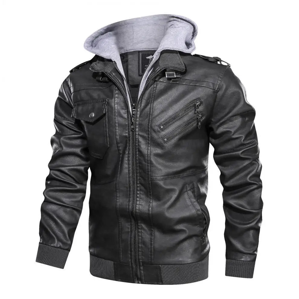 Men Jackets Fake Two Leather Jacket Double Zipper Removable Hooded Biker Leather Coat Male Cardigan Overcoat