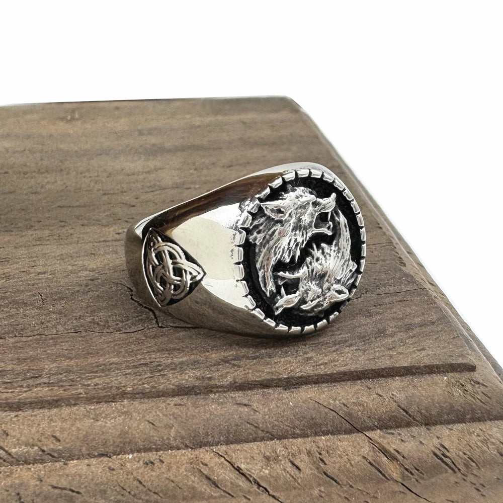 Golden Silver Viking Solid Wolfs Ring 316L Stainless Steel Jewelry Biker Punk Celtic Knot Ring Size 7-13