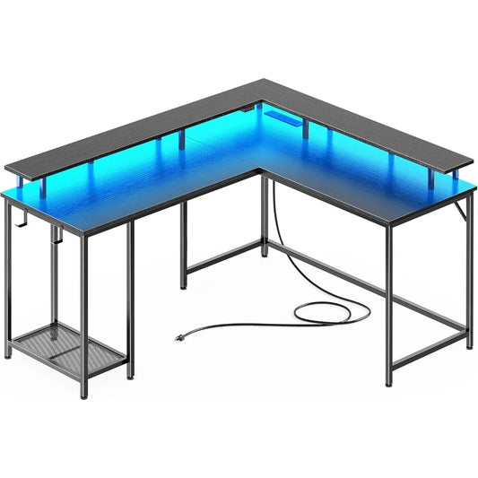 Desk L Shaped Gaming Desk with LED Lights & Power Outlets