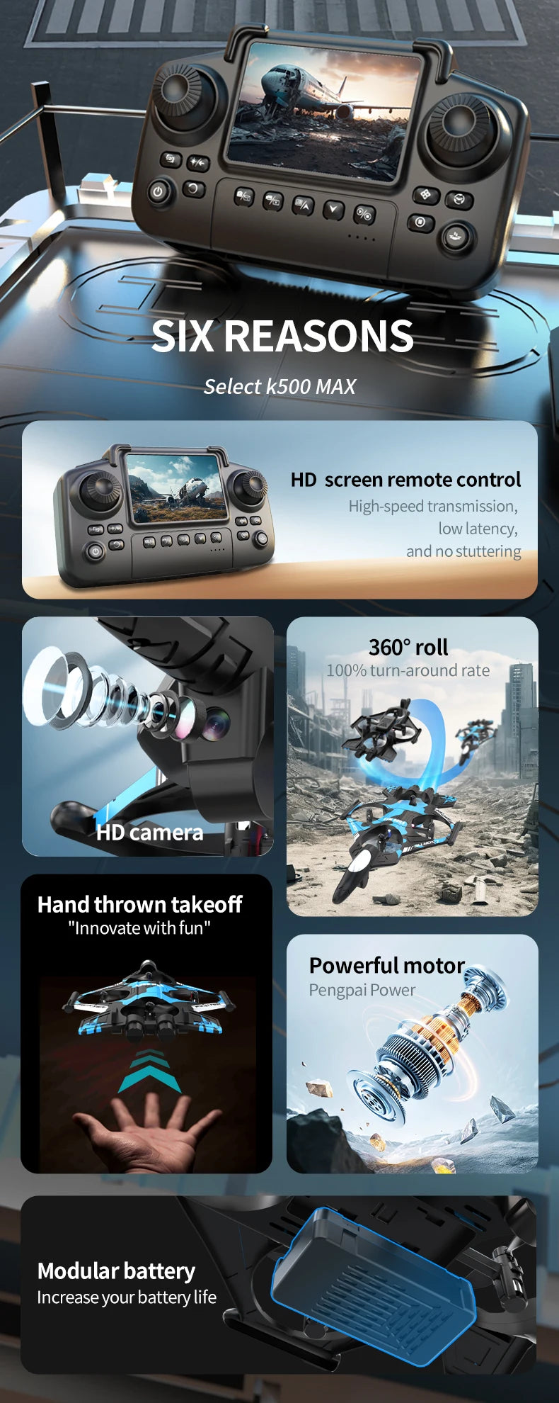 K500 MAX is equipped with a screen, a 2.4G remote-controlled aerobatic gliding fighter jet and a 360° rolling drone toy gift