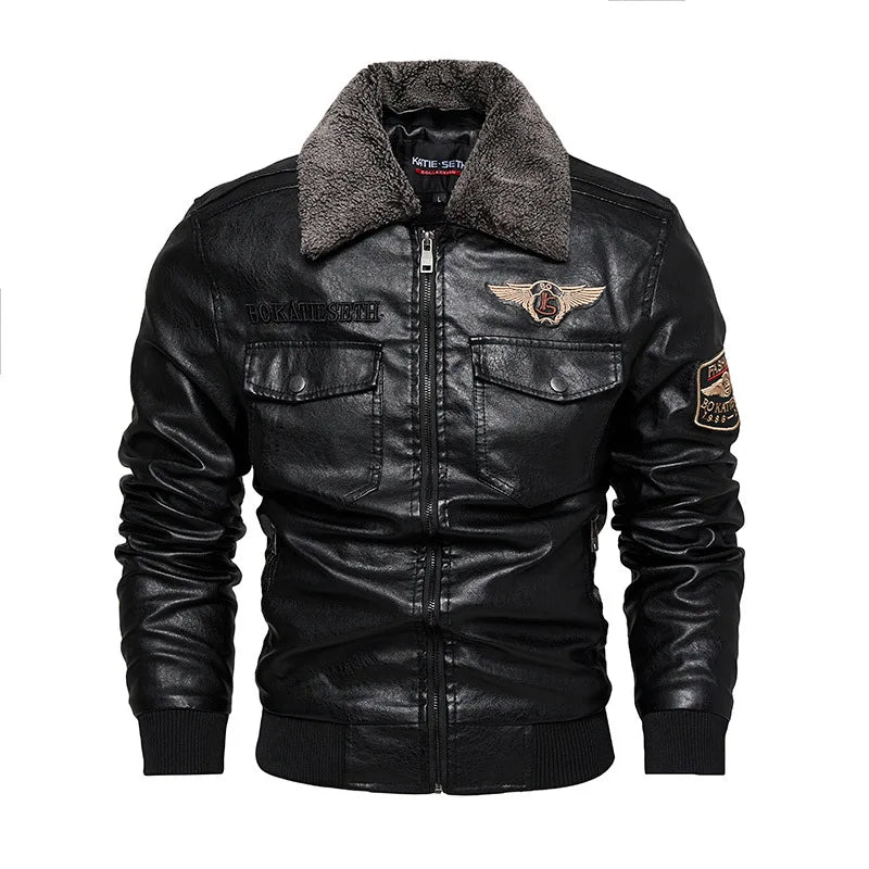 Fleece Fur Collar Windbreaker Coat Male Pu Jacket Men Thick Warm Cashmere Military Bomber Tactical Leather Jackets Mens Outwear
