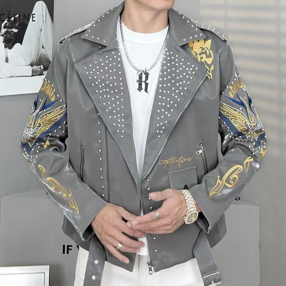 2025 Top Quality Luxury Rivet Decoration Punk Club Outfit Jacket Autumn Black Grey Jacket Coat Jaqueta Bomber Jacket Men