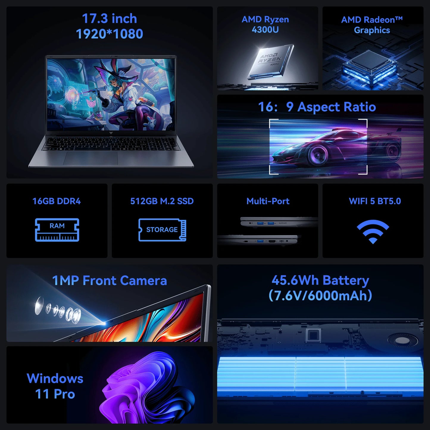 17.3" Alpha Wolf Everyday Laptop | AMD Ryzen 3 4300U | 16GB DDR4 | 512GB SSD | Windows 11 Pro | Wi-Fi 5