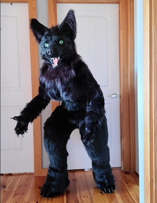 Black Wolf fursuit mascot costume Plush husky wearing camouflage suit Cosplay Halloween commercial show