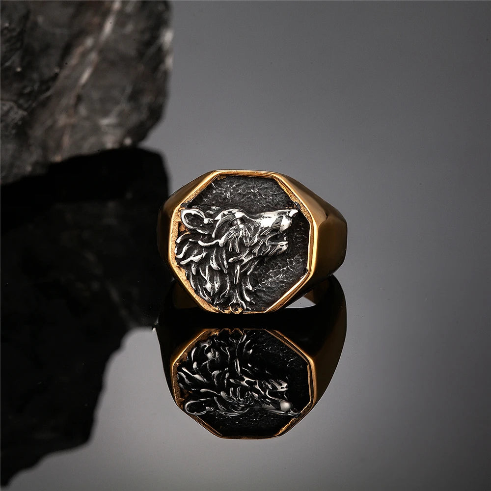 Punk Gold Color Odin Wolf Signet Rings Men Stainless Steel Norse Mythology Geri&Freki Amulet Ring Retro Viking Icelandic Jewelry