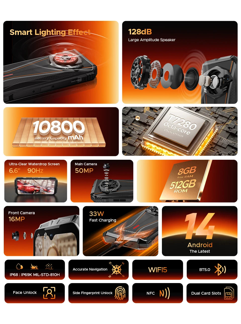 DOOGEE S Punk Pro Rugged Phone 128dB Speaker 8GB RAM 512GB ROM 6.6'' FHD+ Display 10800mAh Battery 50MP AI Camera NFC Smartphone