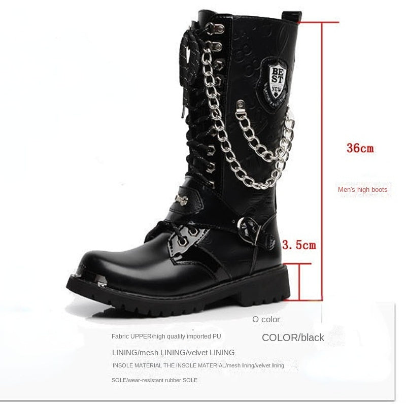 Men's Leather Motorcycle Boots Fashion Chain Mid-calf Platform Boots Gothic Belt Punk Boots for Men Designer Biker Boots Men