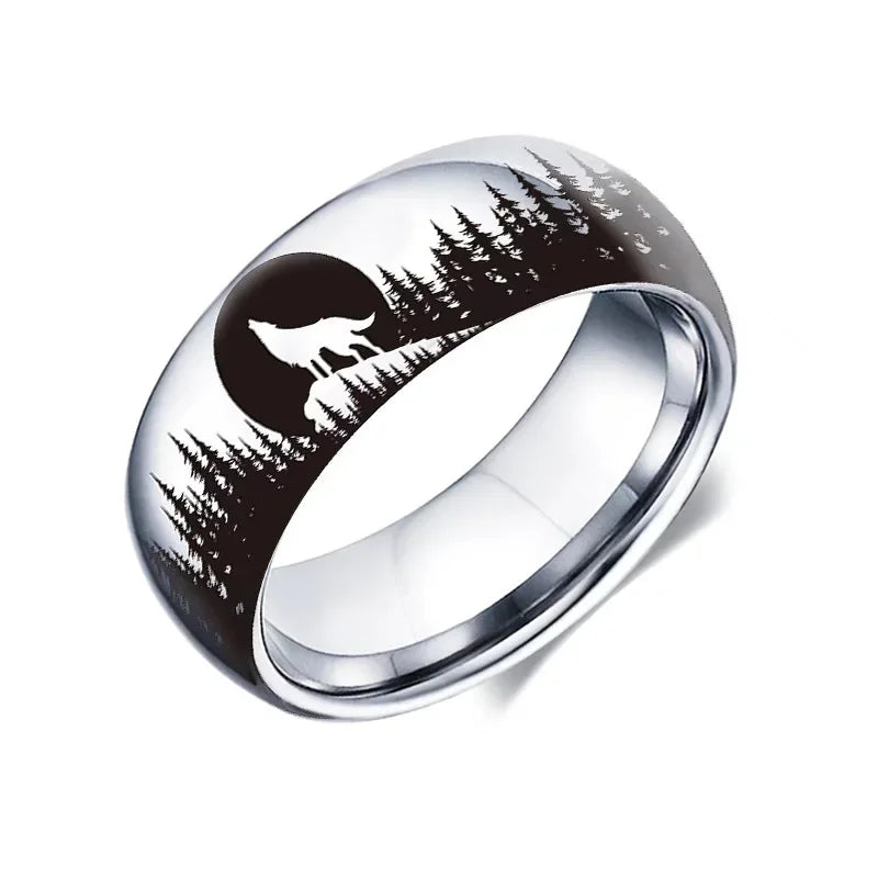 8MM Fashion Moon Wolf Men Stainless Steel Jewelry Wedding Band Steel Rings Women Men Engagement Party Unisex Ring For Gift