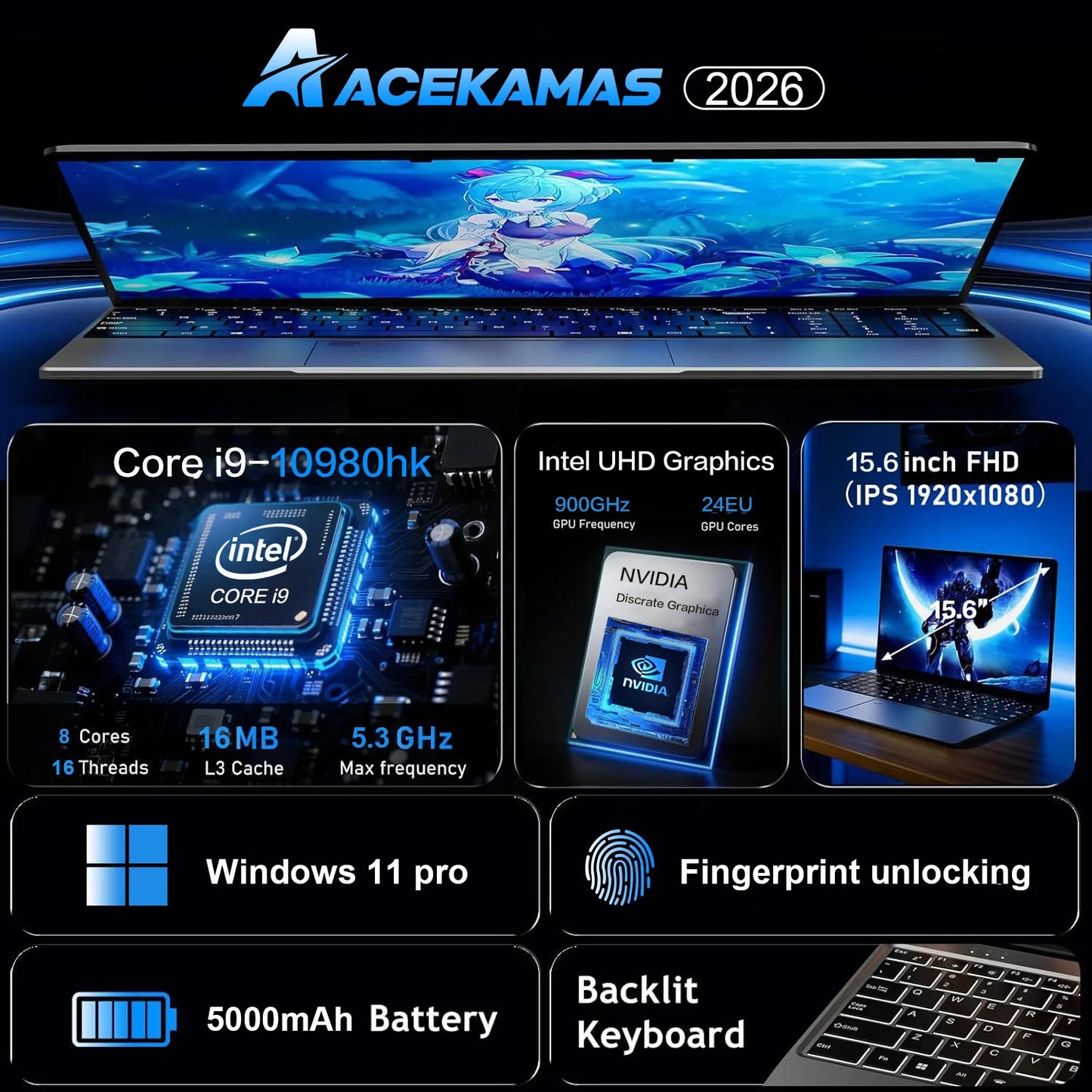 ACEKAMAS 15.6" Gaming Laptop intel Core i9 10980HK IPS 1920*1080 Notebook Gamer 16GB RAM 1TB SSD Windows 11 Pro Office Laptop PC