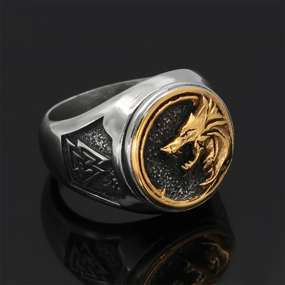 Punk Gold Color Odin Wolf Signet Rings Men Stainless Steel Norse Mythology Geri&Freki Amulet Ring Retro Viking Icelandic Jewelry