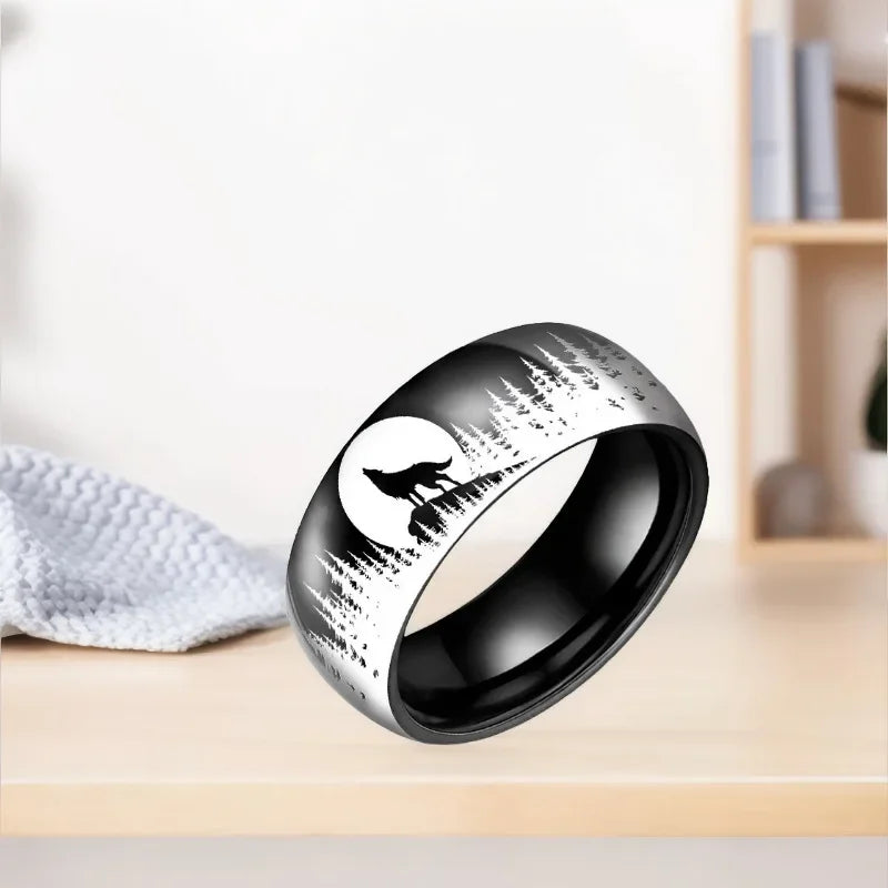 8MM Fashion Moon Wolf Men Stainless Steel Jewelry Wedding Band Steel Rings Women Men Engagement Party Unisex Ring For Gift