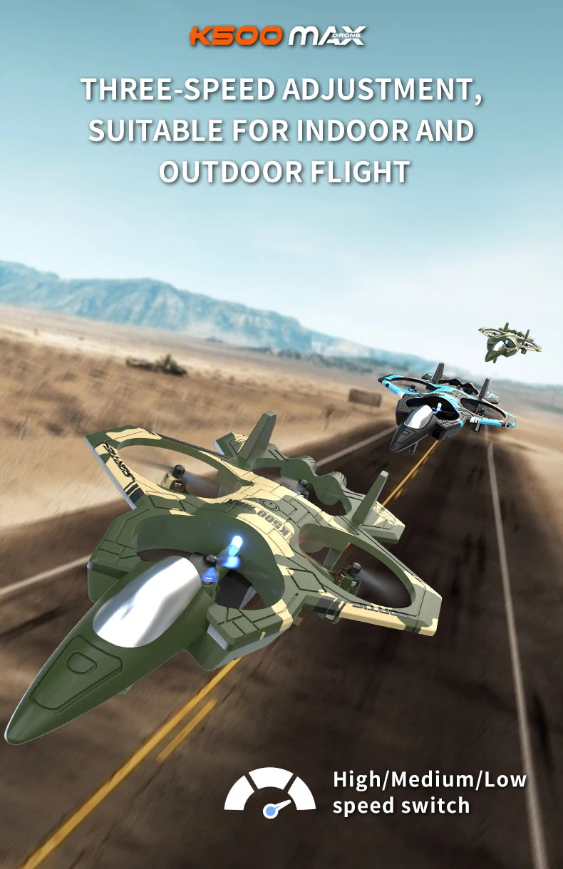 K500 MAX is equipped with a screen, a 2.4G remote-controlled aerobatic gliding fighter jet and a 360° rolling drone toy gift