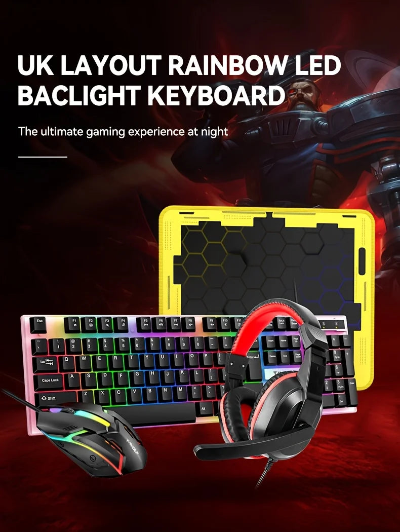 4-in-1 Wired Keyboard and Mouse Set, USB Plug Keyboard and Mouse Suitable for Laptops & Desktops, 104 Keys with RGB Backlighting