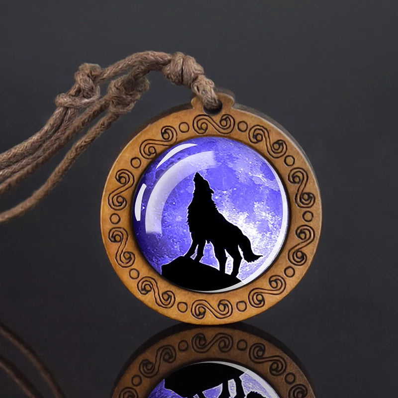 Wolf Glass Dome Necklace Men Vintage Wolf Head Wood Pendant Rope Chain Necklace Retro Jewelry