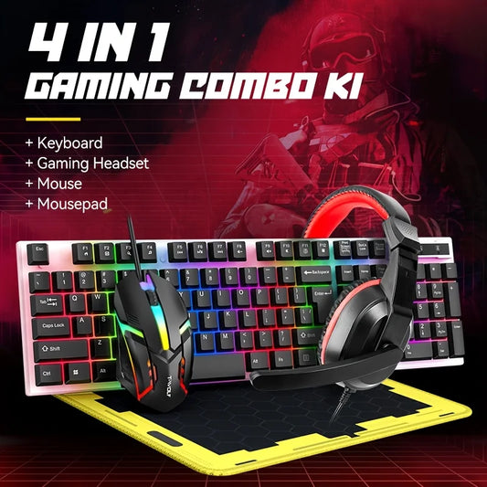 4-in-1 Wired Keyboard and Mouse Set, USB Plug Keyboard and Mouse Suitable for Laptops & Desktops, 104 Keys with RGB Backlighting