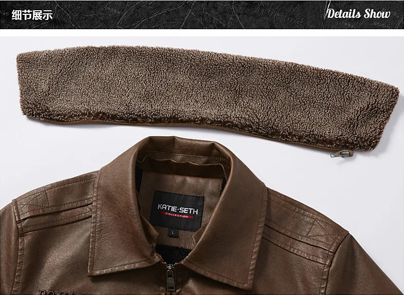 Fleece Fur Collar Windbreaker Coat Male Pu Jacket Men Thick Warm Cashmere Military Bomber Tactical Leather Jackets Mens Outwear
