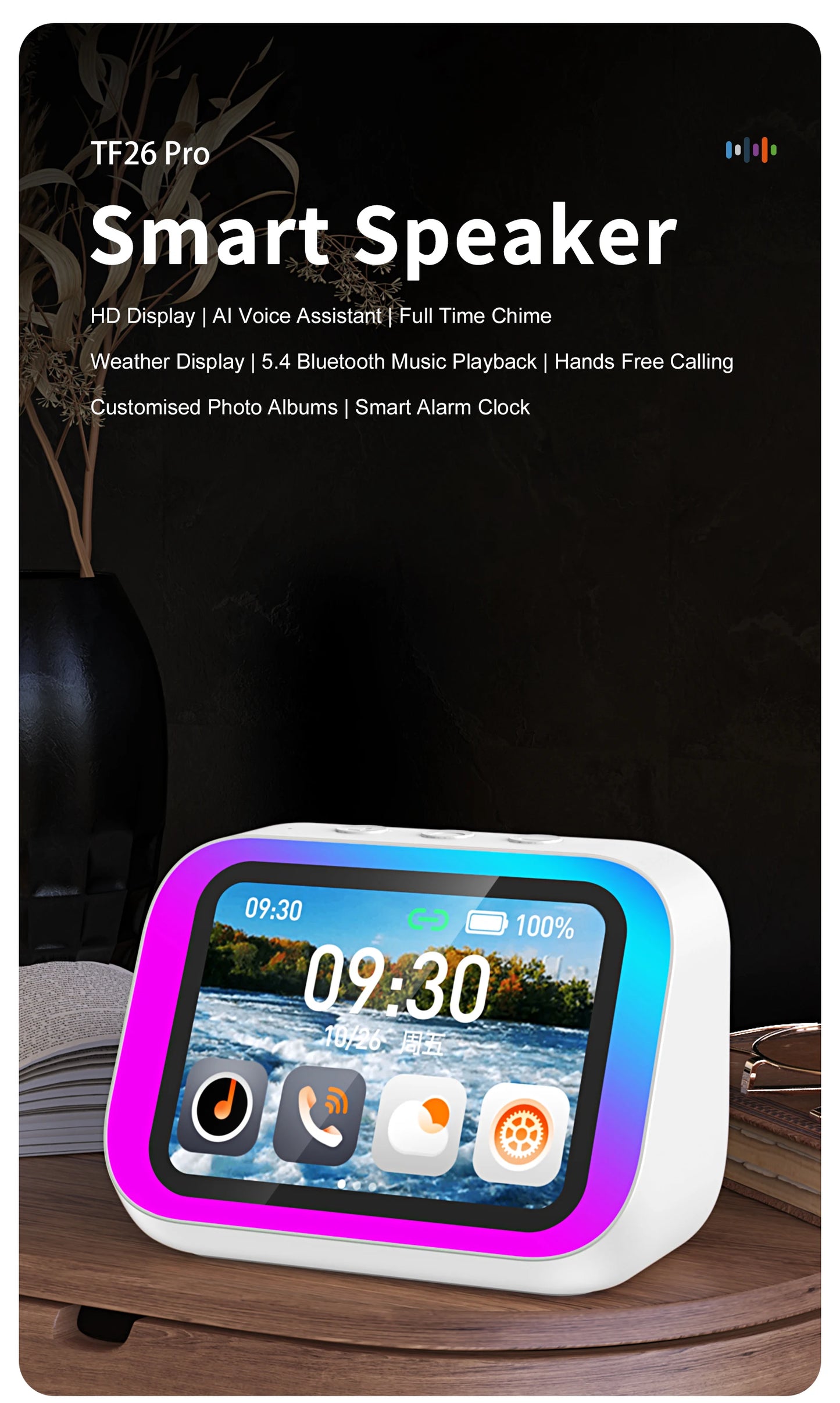 Smart Bluetooth 5.4 Speaker Voice assistant HDTouch Screen Display Electronic Album Alarm Clock Hi-fi Stereo Sound
