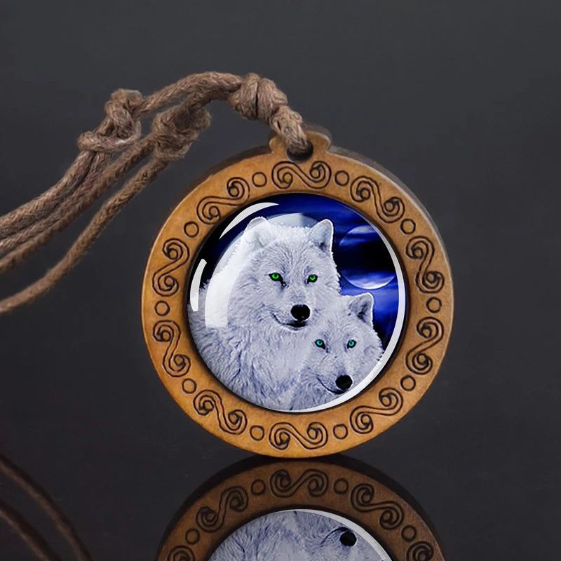 Wolf Glass Dome Necklace Men Vintage Wolf Head Wood Pendant Rope Chain Necklace Retro Jewelry