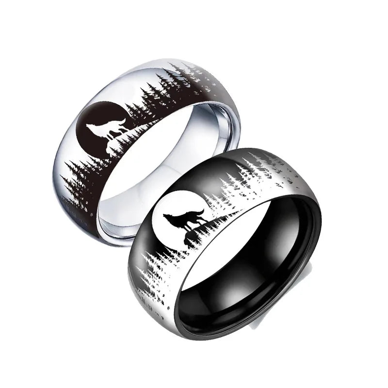 8MM Fashion Moon Wolf Men Stainless Steel Jewelry Wedding Band Steel Rings Women Men Engagement Party Unisex Ring For Gift