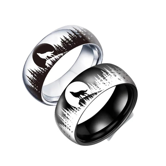 8MM Fashion Moon Wolf Men Stainless Steel Jewelry Wedding Band Steel Rings Women Men Engagement Party Unisex Ring For Gift