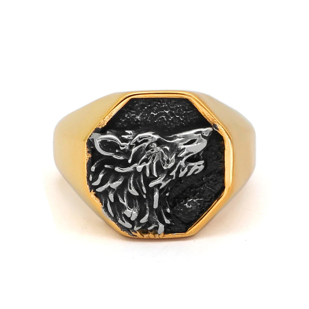 Punk Gold Color Odin Wolf Signet Rings Men Stainless Steel Norse Mythology Geri&Freki Amulet Ring Retro Viking Icelandic Jewelry