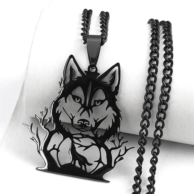 Goth Full Moon Wolf Head Pendant Necklace Women Men Black Color Forest Tree Hollow Animal Necklaces Jewelry Party Gifts N2032S03