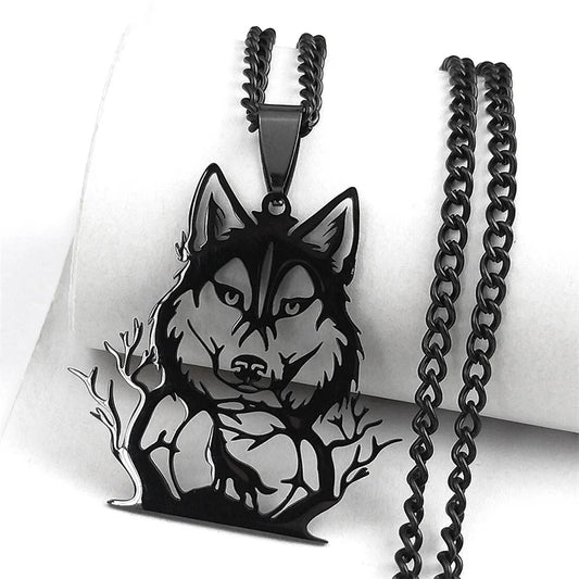 Goth Full Moon Wolf Head Pendant Necklace Women Men Black Color Forest Tree Hollow Animal Necklaces Jewelry Party Gifts N2032S03