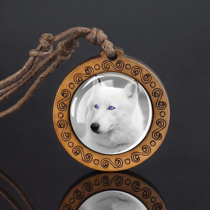 Wolf Glass Dome Necklace Men Vintage Wolf Head Wood Pendant Rope Chain Necklace Retro Jewelry