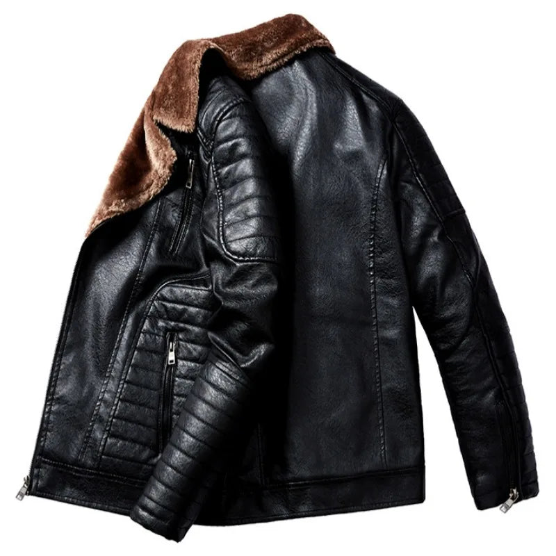 Men Leather Jacket Fur Integrated Locomotive Leather Jacket Coats Long Sleeve Zipper Fur Collar Motorcycle Outwear Faux Leather