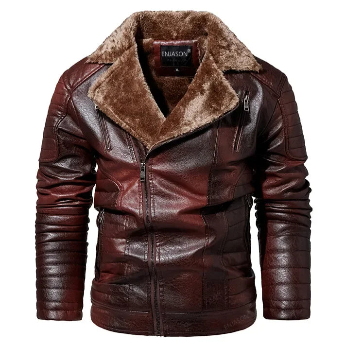 Men Leather Jacket Fur Integrated Locomotive Leather Jacket Coats Long Sleeve Zipper Fur Collar Motorcycle Outwear Faux Leather