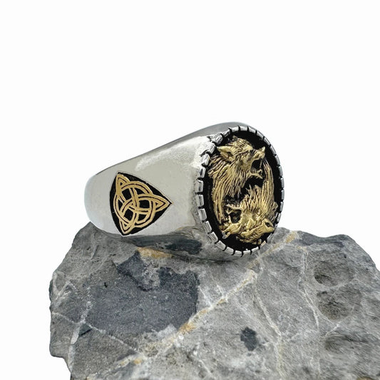 Golden Silver Viking Solid Wolfs Ring 316L Stainless Steel Jewelry Biker Punk Celtic Knot Ring Size 7-13