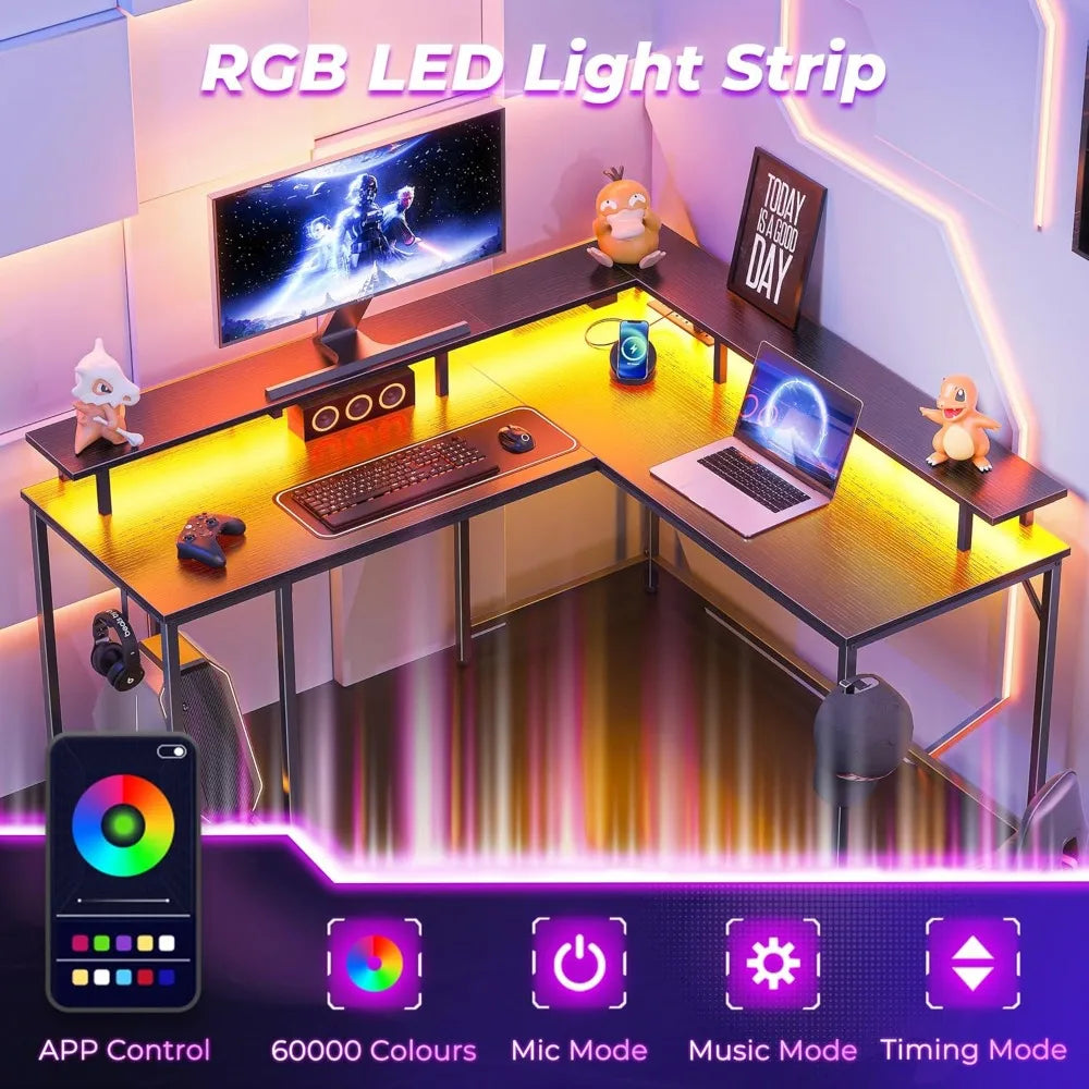 Desk L Shaped Gaming Desk with LED Lights & Power Outlets