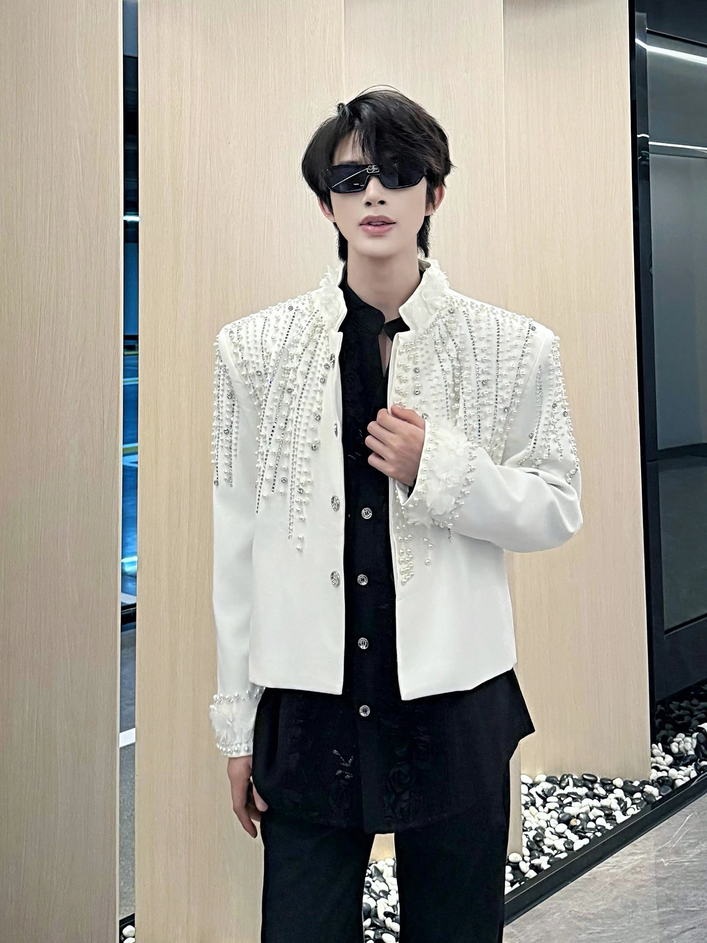 2025 Men's Autumn New Sparkling Beaded Rhinestone Personality Jackets Solid Color Long Sleeve Stylish Tops Male Handsome Coats