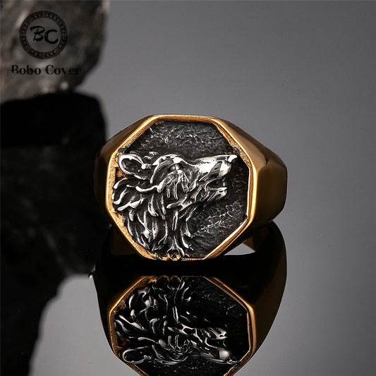 Punk Gold Color Odin Wolf Signet Rings Men Stainless Steel Norse Mythology Geri&Freki Amulet Ring Retro Viking Icelandic Jewelry