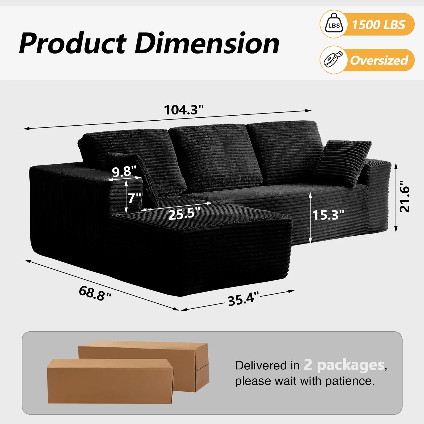 Oversized L Shaped Couch With Chaise, Minimalist Compressed Boneless Couch No Assembly Required, Modular Cloud Sectional Sofa Fo