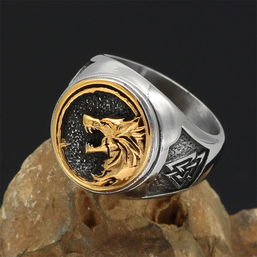 Punk Gold Color Odin Wolf Signet Rings Men Stainless Steel Norse Mythology Geri&Freki Amulet Ring Retro Viking Icelandic Jewelry