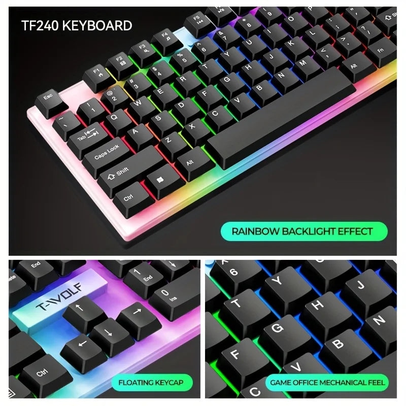 4-in-1 Wired Keyboard and Mouse Set, USB Plug Keyboard and Mouse Suitable for Laptops & Desktops, 104 Keys with RGB Backlighting