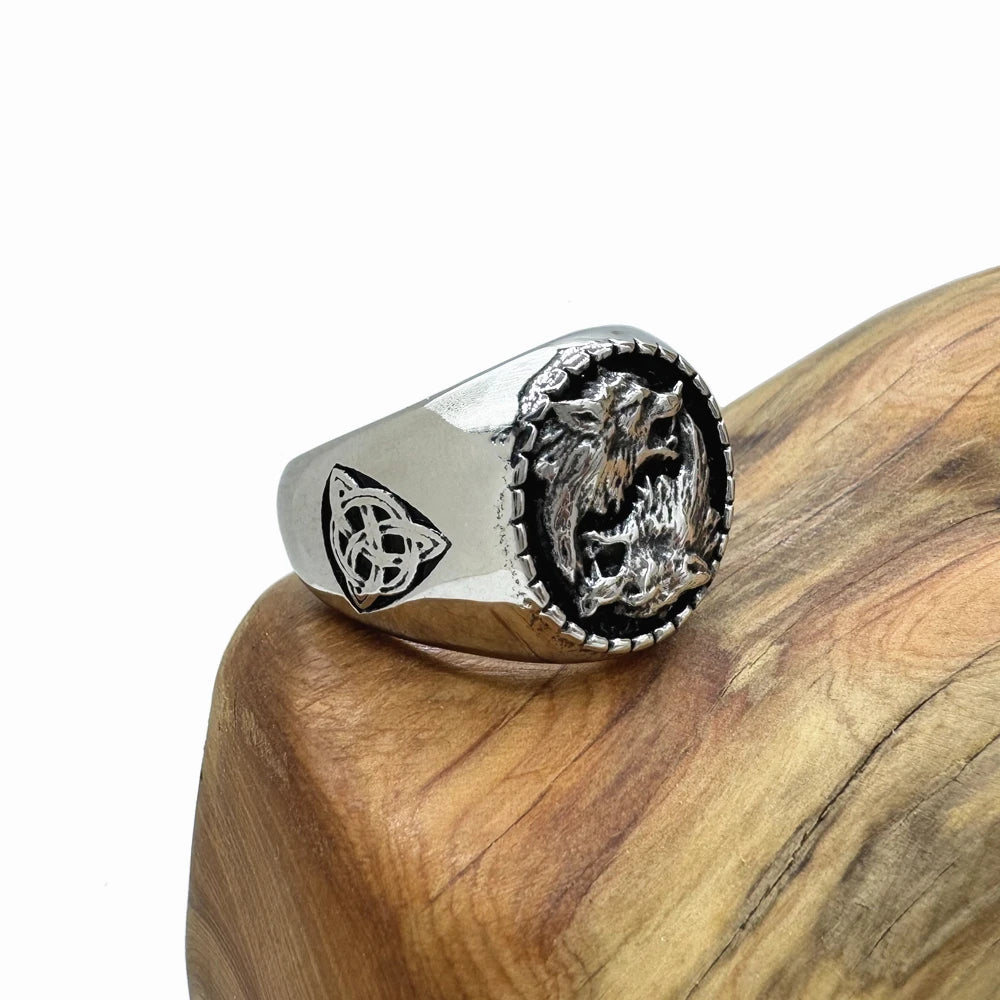 Golden Silver Viking Solid Wolfs Ring 316L Stainless Steel Jewelry Biker Punk Celtic Knot Ring Size 7-13