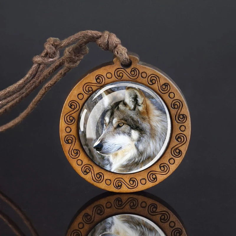 Wolf Glass Dome Necklace Men Vintage Wolf Head Wood Pendant Rope Chain Necklace Retro Jewelry