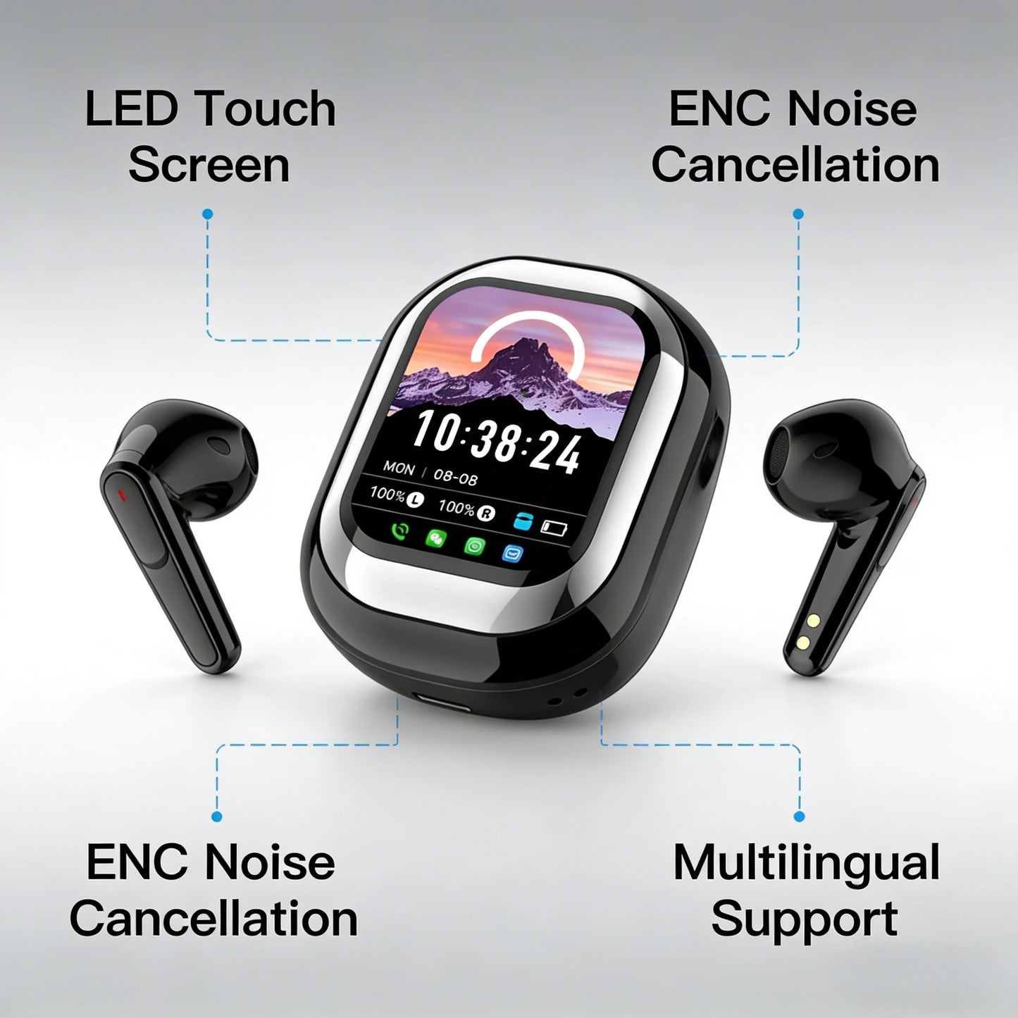AI Translation Headphones 144 Languages Real Time Translator 50H Playtime LED Full Color Touch Screen ENC Noise Cancelling Mic