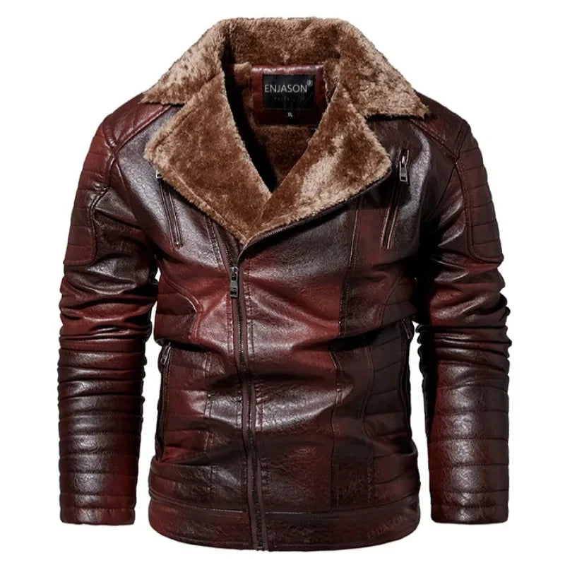 Men Leather Jacket Fur Integrated Locomotive Leather Jacket Coats Long Sleeve Zipper Fur Collar Motorcycle Outwear Faux Leather