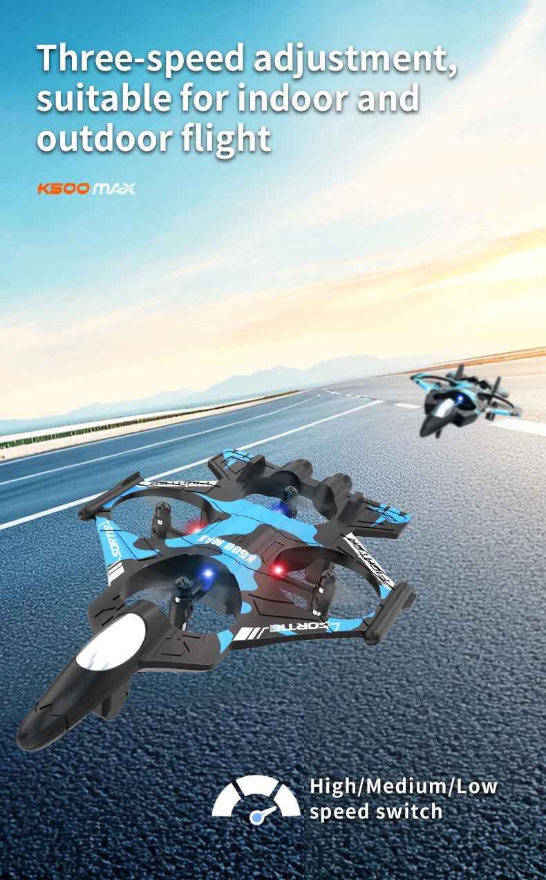 K500 MAX is equipped with a screen, a 2.4G remote-controlled aerobatic gliding fighter jet and a 360° rolling drone toy gift