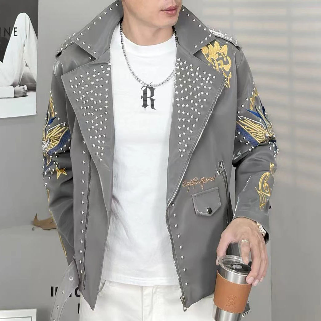 2025 Top Quality Luxury Rivet Decoration Punk Club Outfit Jacket Autumn Black Grey Jacket Coat Jaqueta Bomber Jacket Men