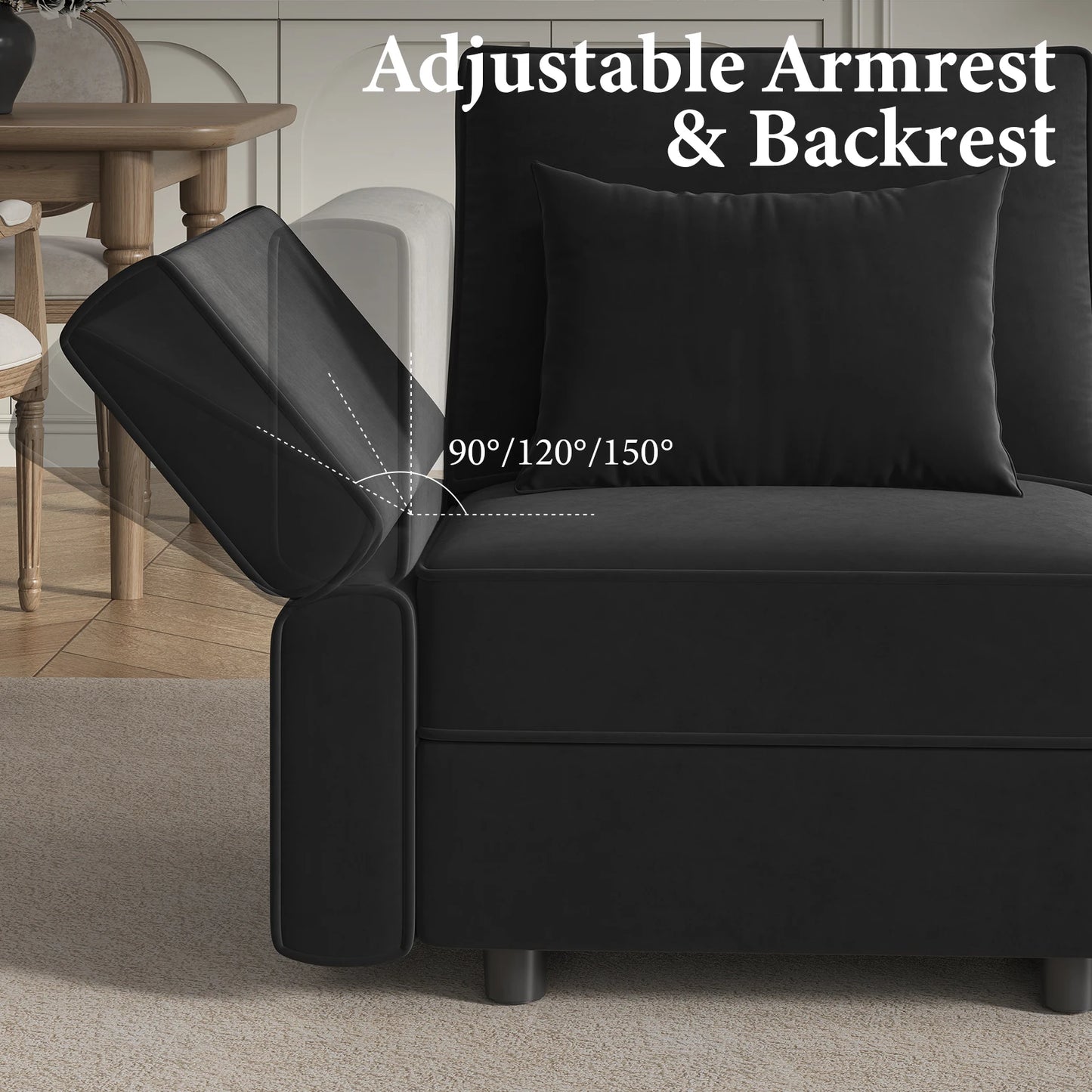 Modular Sectional Sofa with Storage Convertible Couch Sleeper with Chaise Velvet Living Room Decor Couch Set Modern Design Black