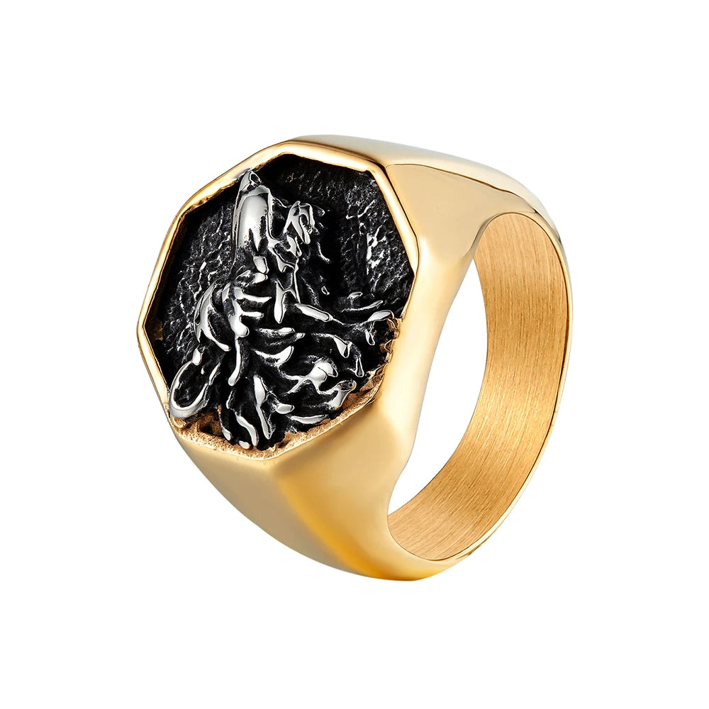 Punk Gold Color Odin Wolf Signet Rings Men Stainless Steel Norse Mythology Geri&Freki Amulet Ring Retro Viking Icelandic Jewelry